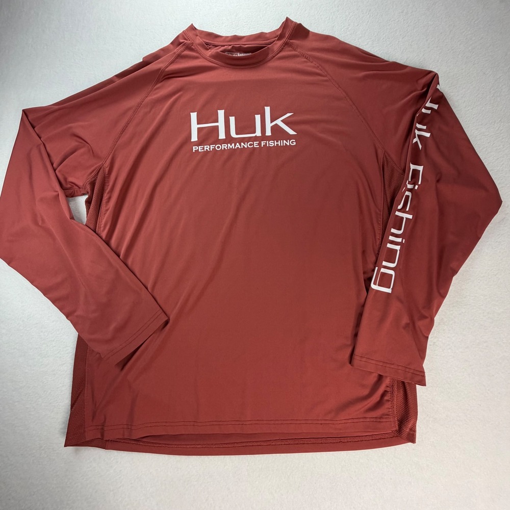 Huk Performance Fishing Shirt Mens XL Long Sleeve Mesh Panels Rust Red Logo